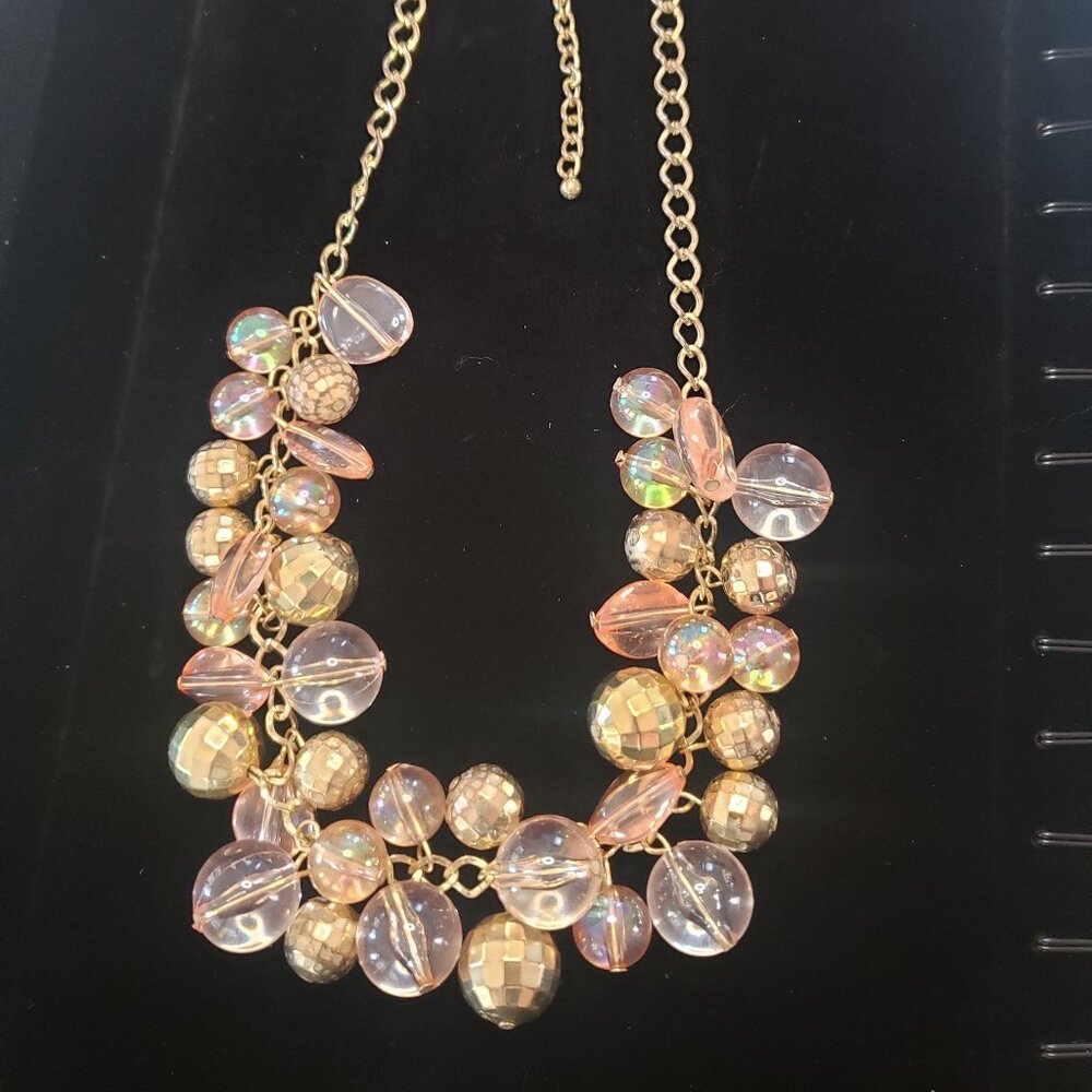 Retro Brass Tone Chain w/ Disco Ball and Peach Colored Beaded Necklace - Picture 7 of 11